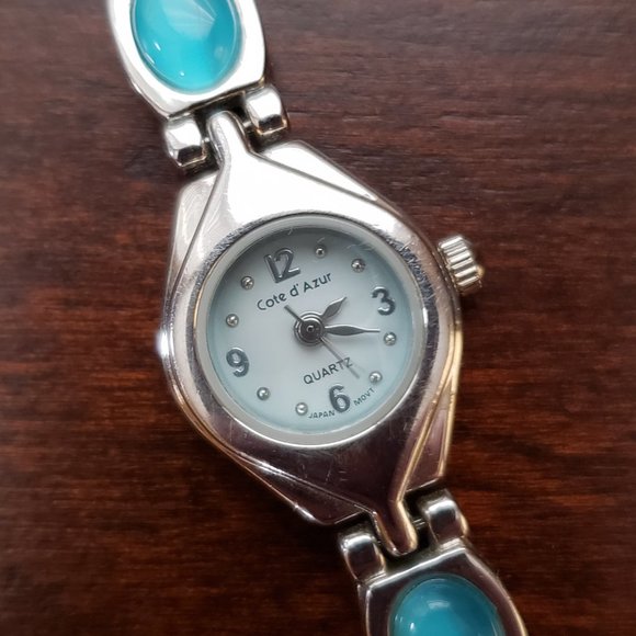 Cote d' Azur Dressy Women Wrist Watch Blue Cabochon Accent Silver Dainty